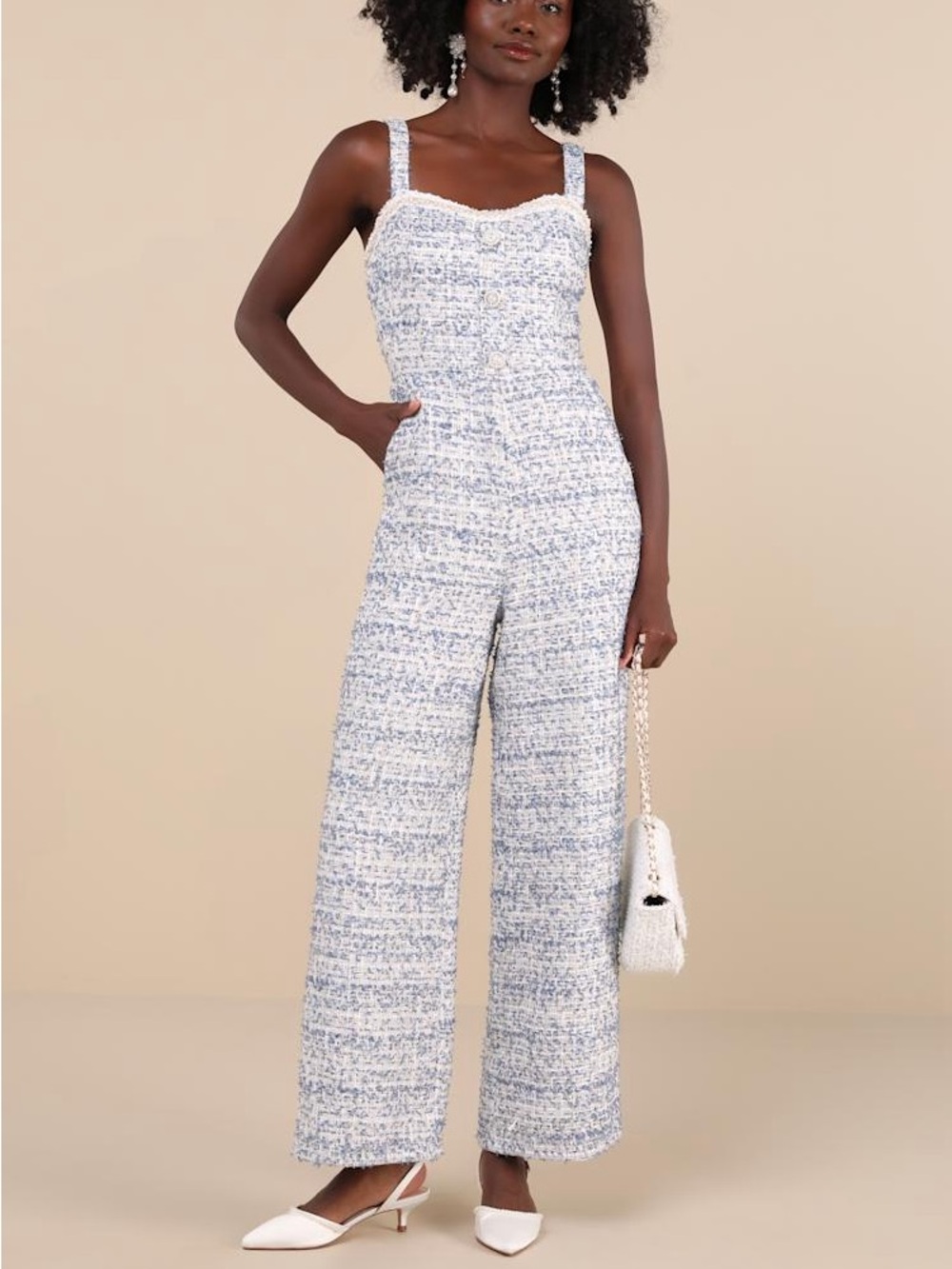 NWT Lulu's Blue & White Tweed Jumpsuit with Beaded details Size M - Picture 9 of 9